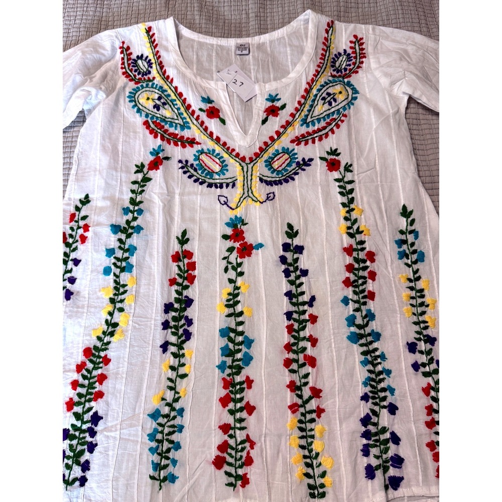 Raj White Embroidered Floral Tunic Top Split V-Neck Pintuck Cotton Blend Small